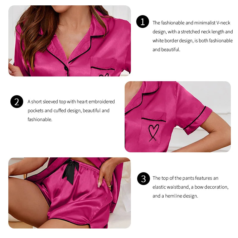 Conjunto de pijama para mujer, ropa de dormir con bolsillo bordado en forma de corazón, Top y pantalones cortos de manga corta con botones, pijama, ropa para el hogar