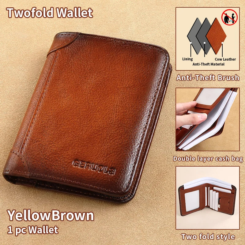 GERUOLA Cartera delgada de cuero genuino con protección RFID para hombre, tarjetero multifuncional para identificación y tarjeta de crédito, color marrón oscuro con adornos