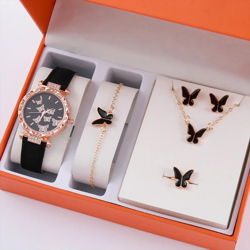 Conjunto de joyería de mariposa (sin caja), relojes para mujer, relojes de cuero para mujer, anillos, collar, pendientes, pulsera, regalo de boda