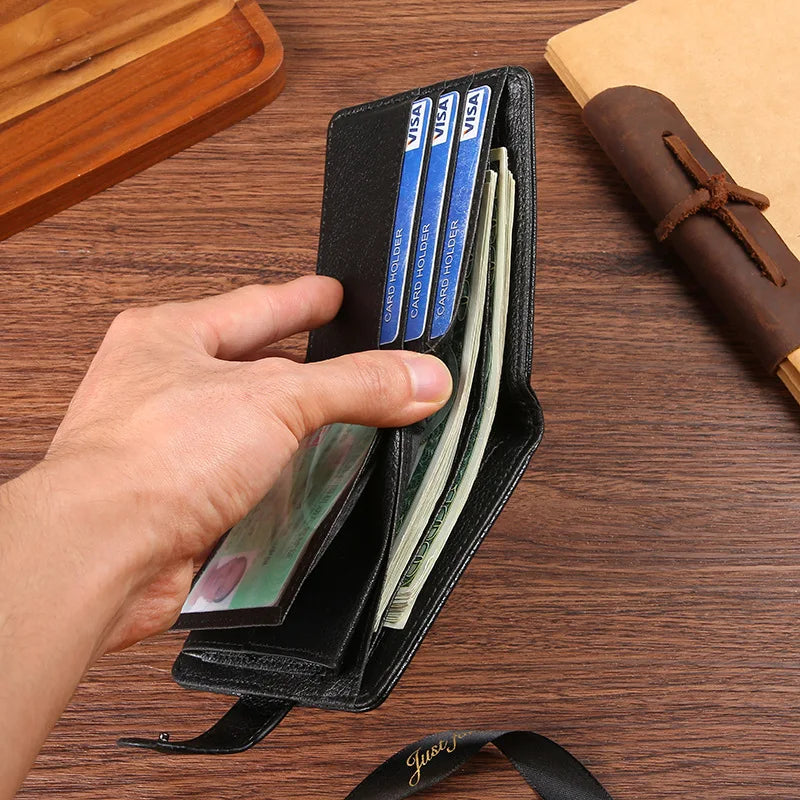 Cartera Vintage para hombre, billeteras de cuero con cerrojo corto para hombre, monedero duradero informal, tarjeteros de identificación para foto delgada, monedero con Clip para dinero