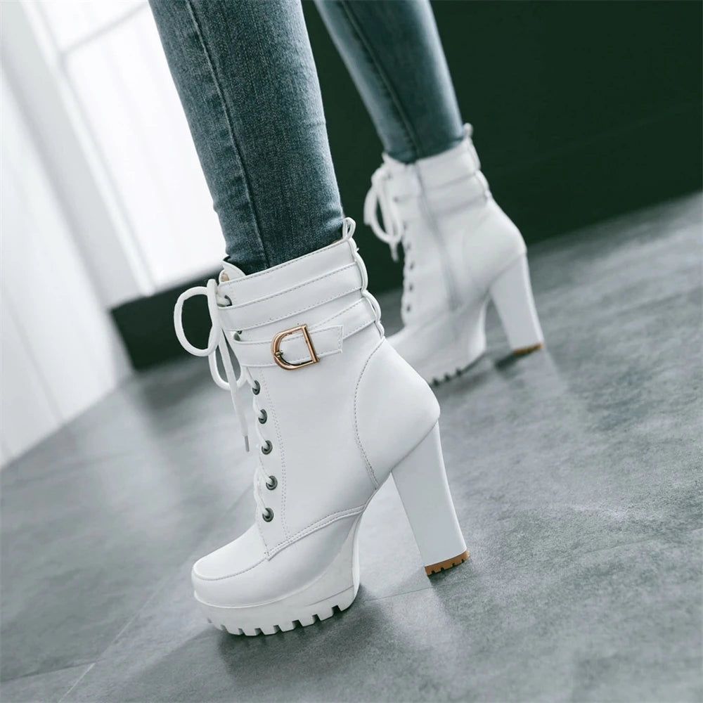 Zapatos de mujer Botas de moto Otoño Invierno Botas de mujer 2025 Botas de tobillo elegantes para mujer Plataformas de tacón alto Botas sexis con hebilla blanca