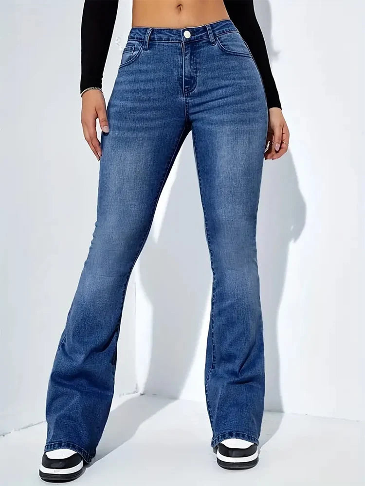 Pantalones vaqueros elásticos acampanados con bigote para mujer, pantalones vaqueros grises de cintura alta con parte inferior acampanada, pantalones largos Punk clásicos Y2K para mujer