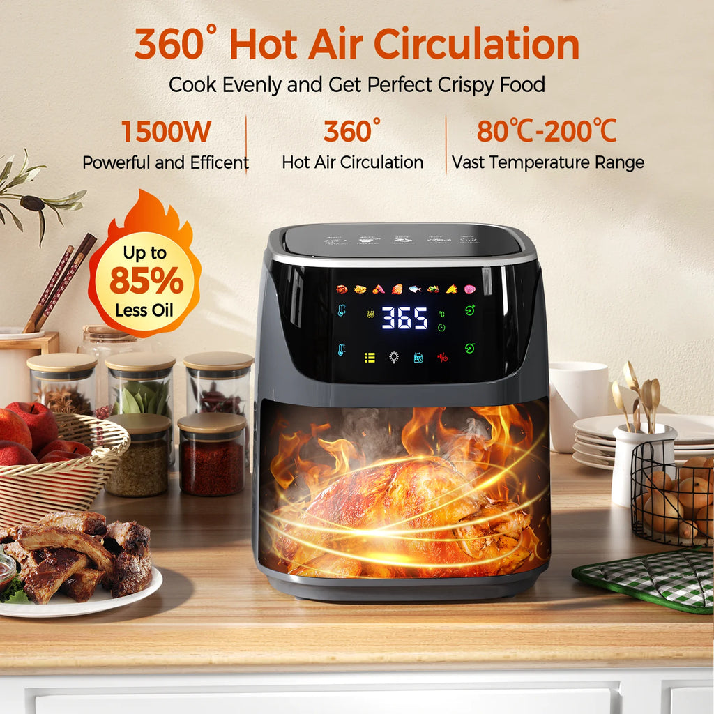 Patbrela Freidora de Aire Caliente 7L Capacidad 8 Funciones Máx 200 ° C 85% Menos aceite, energía y ahorro de tiempo con ventana de fácil visión Freidora sin grasa