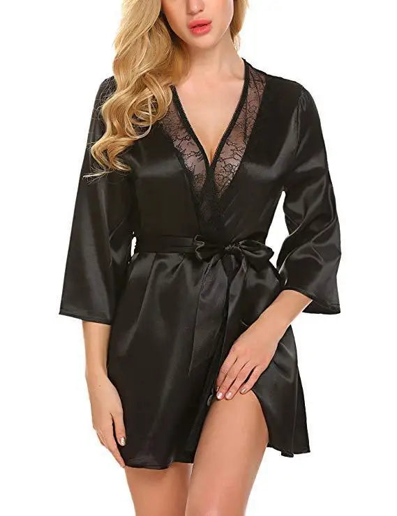 Bata de satén de encaje Sexy para mujer, ropa de dormir, camisón corto, Kimono, albornoz, lencería, camisón, vestido suave y cómodo negro de talla grande