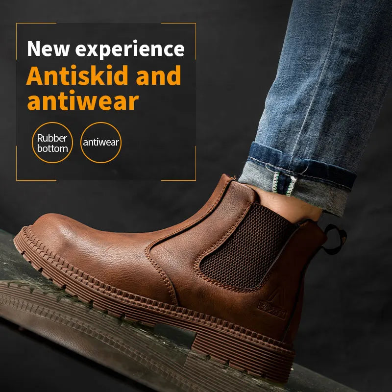 Botas de trabajo Lerther para hombre, zapatos de seguridad indestructibles, zapatillas de trabajo a prueba de pinchazos con punta de acero, zapatos de trabajo para hombre