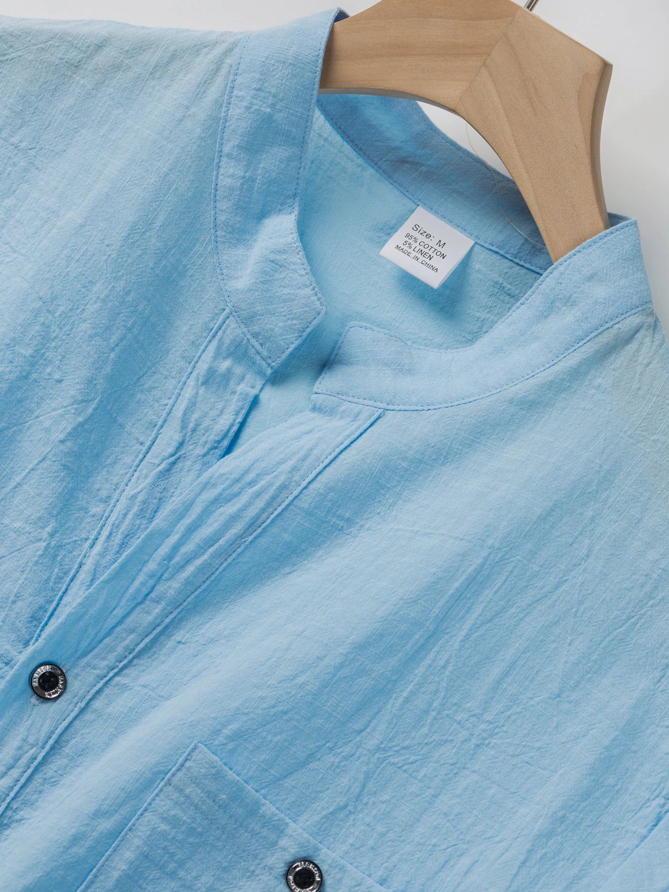 Camisa de manga corta de lino y algodón para hombre con cuello levantado y solapa de medio botón - Ropa informal de ocio al aire libre para primavera y verano