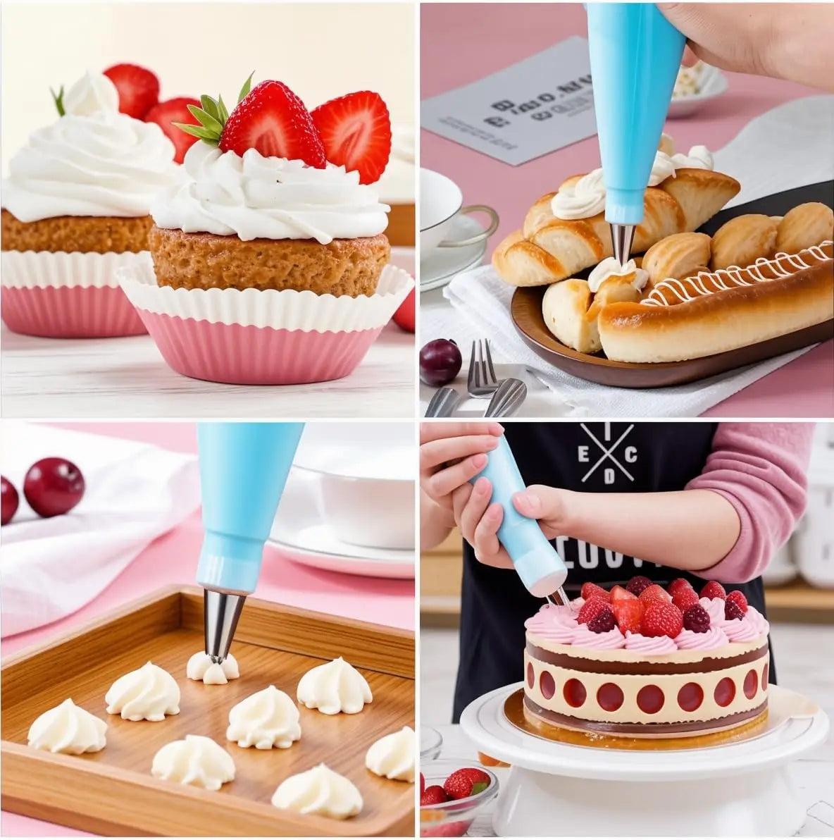 Juego de tuberías reutilizables: 2 bolsas, 12 puntas, acopladores, anillos y raspadores para decoración de pasteles, cupcakes y galletas.