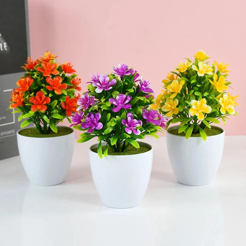 Flores Artificiales de Ciruelo de Cinco Hojas, Plantas Pequeñas en Maceta, Aptas para Interiores y Exteriores, Ideales para Decoración del Hogar y Bodas