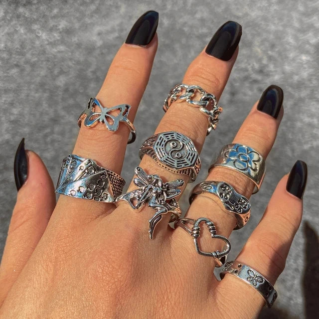 21 unids/set Punk gótico mariposa serpiente corazón anillos conjunto para Mujeres Hombres Vintage plateado geométrico anillos de dedo joyería de fiesta