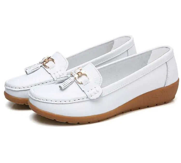 Zapatos de Mujer, mocasines de enfermera, Zapatos planos clásicos, Zapatos planos cómodos para Mujer, calzado informal de cuero blanco para Mujer
