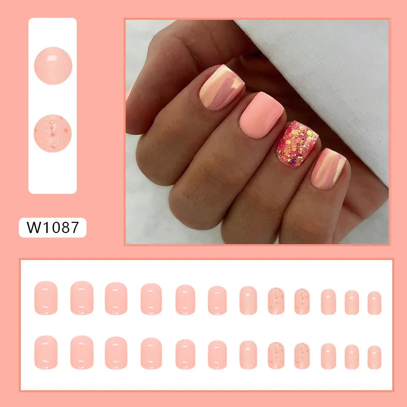 Dulce francés 24 Uds. De uñas postizas degradadas rosas, manicura de dedos artificiales brillantes, uñas postizas reutilizables para mujeres