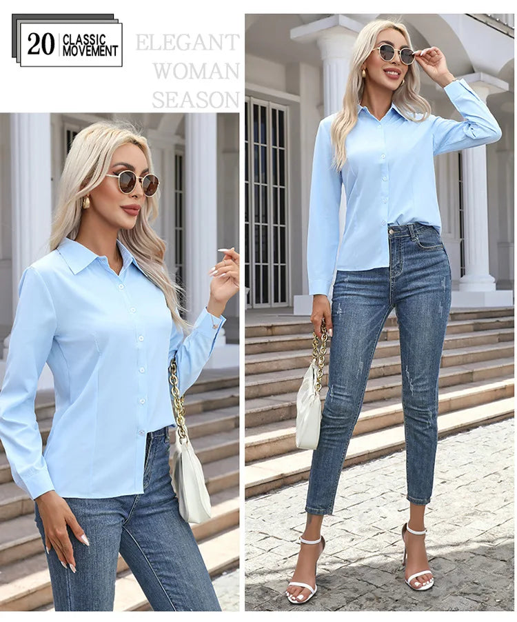 Blusa Elegante de Gasa con Botones para Mujer, Camisa Informal de Manga Larga con Cuello Camisero para Primavera y Verano, Blusa Tipo Túnica para Oficina