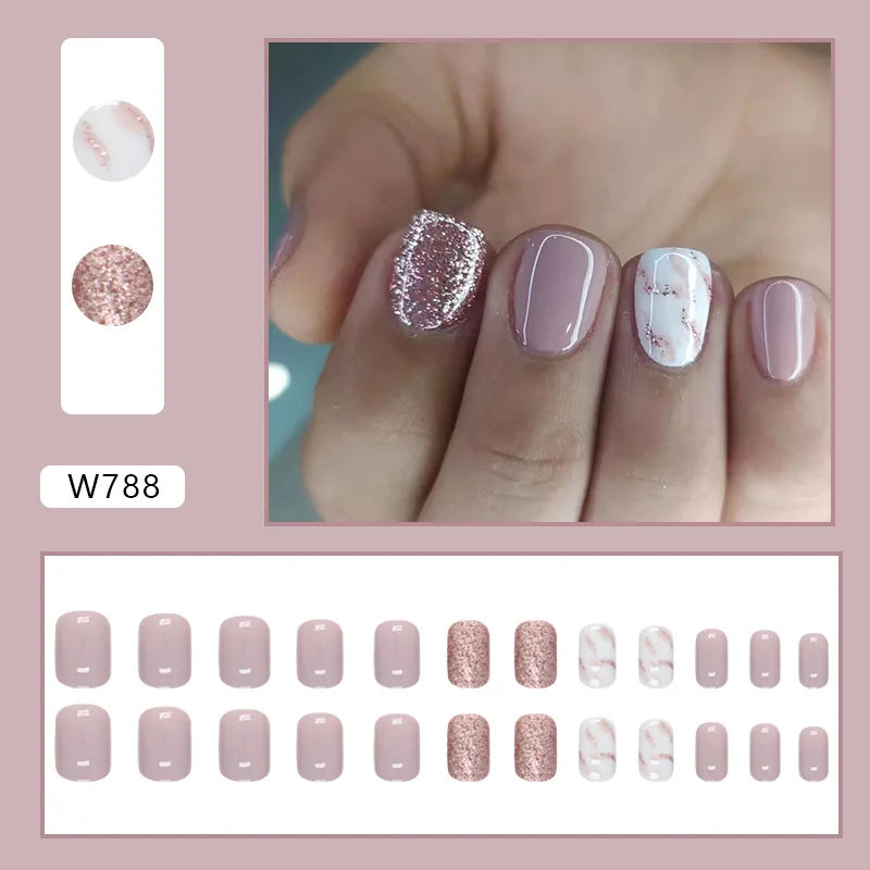 Dulce francés 24 Uds. De uñas postizas degradadas rosas, manicura de dedos artificiales brillantes, uñas postizas reutilizables para mujeres