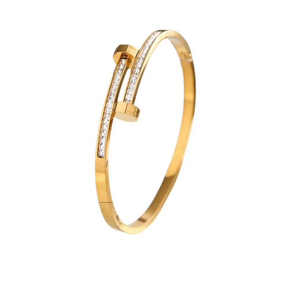 Pulsera apilable de acero de titanio para parejas, brazaletes de acero inoxidable con circonitas brillantes, color dorado, regalo de joyería para mujer
