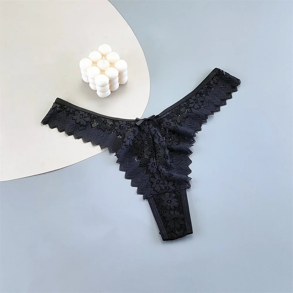 Paquete de 3 tangas de encaje para mujer, ropa interior transparente de cintura media, bragas femeninas con volantes, tallas grandes