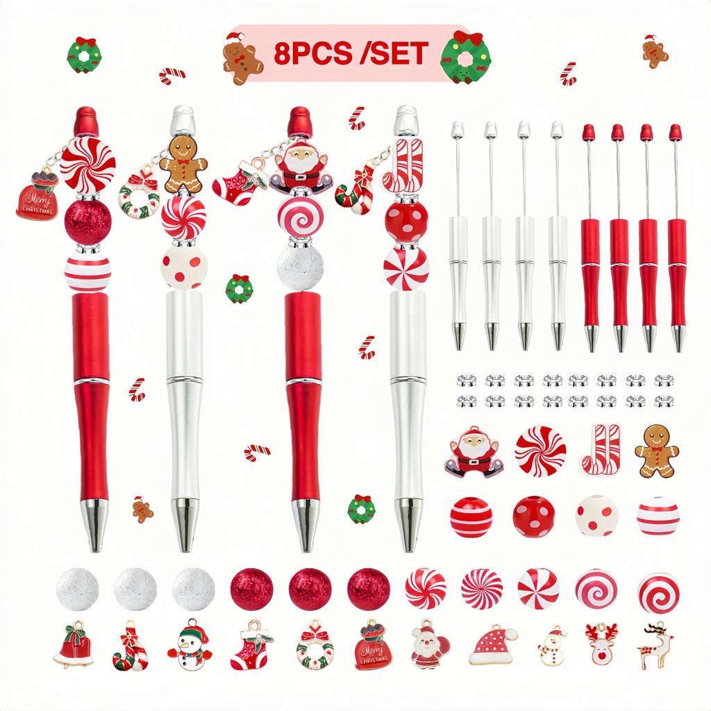 8 Uds. Bolígrafo con cuentas y colgante de cuentas DIY con temática de dulces navideños de color rojo y plateado, regalos de Navidad, suministros de estudio de oficina