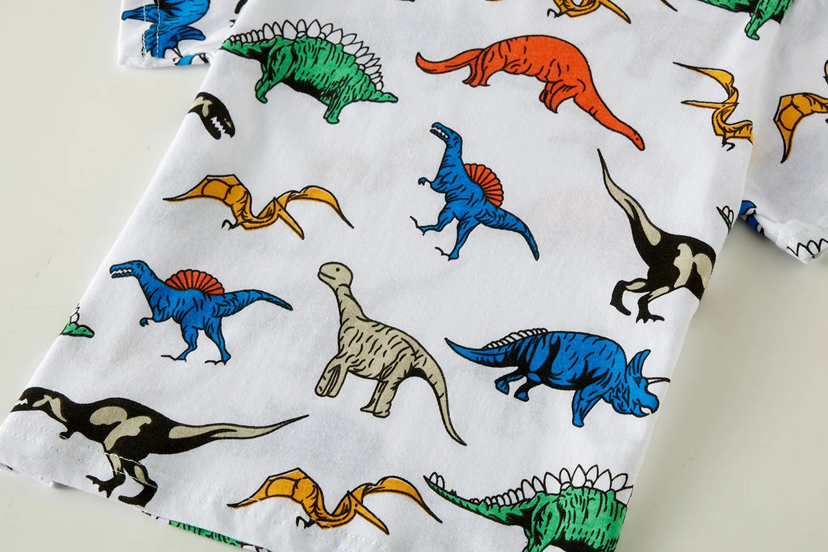 Ropa de dormir para niños de 1 a 8 años, pijamas de dinosaurio de dibujos animados con estampado completo de algodón de verano, conjunto básico de manga corta para uso diario