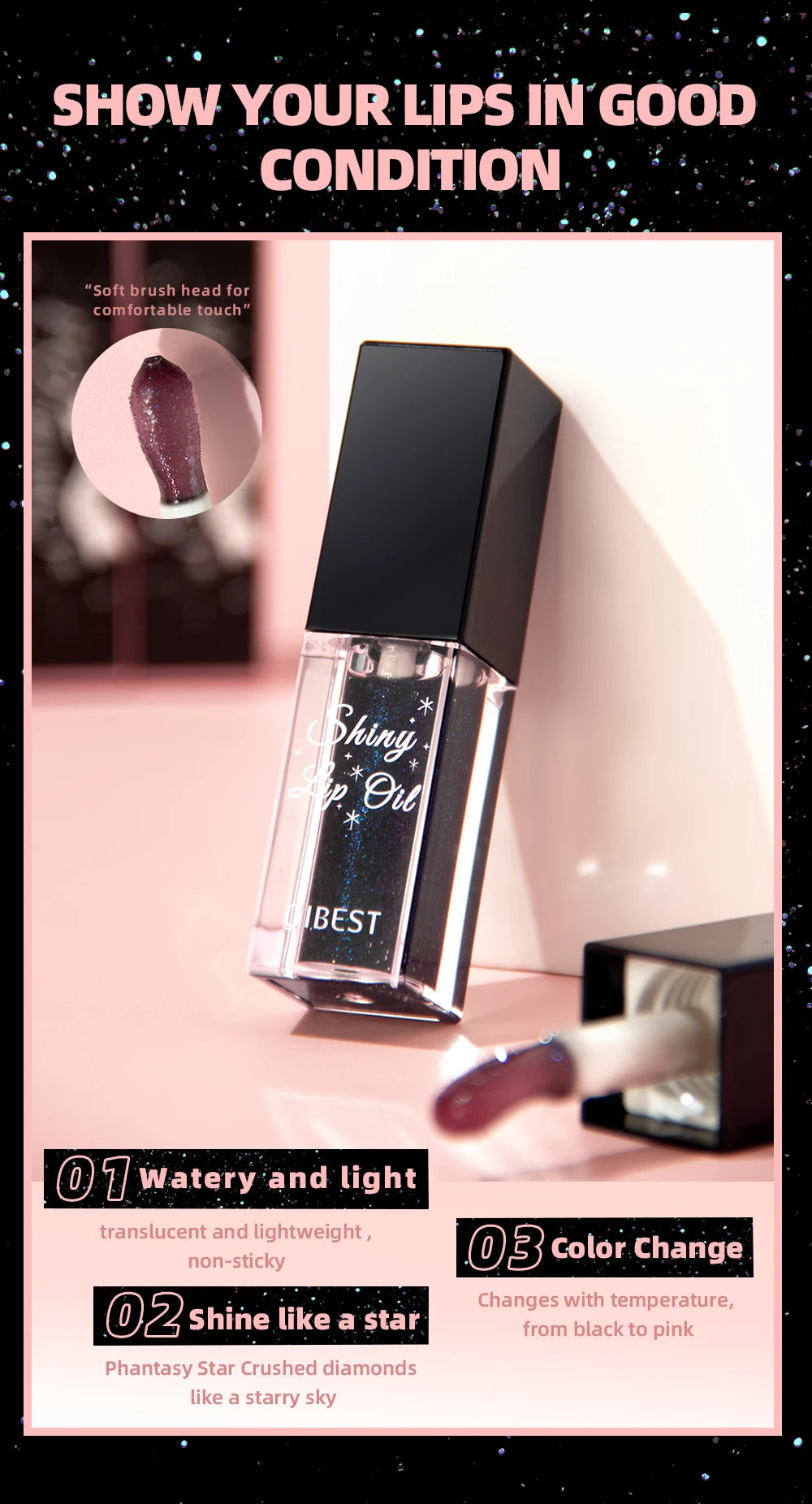Brillo Labial QIBEST con Efecto Espejo, Hidratante, Cambia de Color, Bálsamo Labial Brillante, Voluminizador, Tinte Labial Diamante de Larga Duración