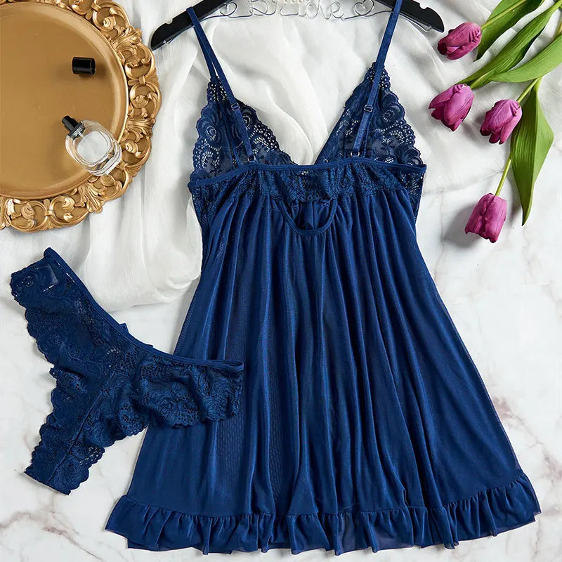 Conjunto de 2 uds de camisón de encaje para mujer, ropa de casa exquisita, nuevo pijama verde para la noche, camisón transparente dividido, conjuntos de bragas con sujetador con cuello en V