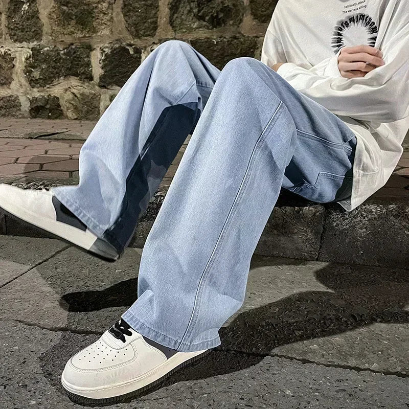Ropa de calle de estilo coreano, nueva moda, pantalones vaqueros informales holgados para hombre, pantalones vaqueros Harajuku de calle alta, pantalones de marca para hombre, negro, gris y azul