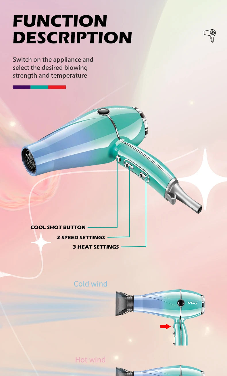 VGRV-452 secador de pelo profesional para el cuidado del cabello 2000-2400W súper fuerte energía eólica dormitorio hogar iones negativos cuidado del cabello estilo viento