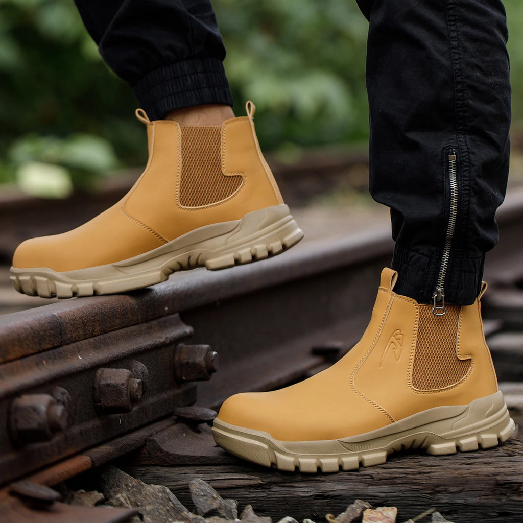 Botas de trabajo de seguridad impermeables para hombre, zapatos con punta de acero, botas tácticas de senderismo y aventura al aire libre, antiimpacto y antipinchazos