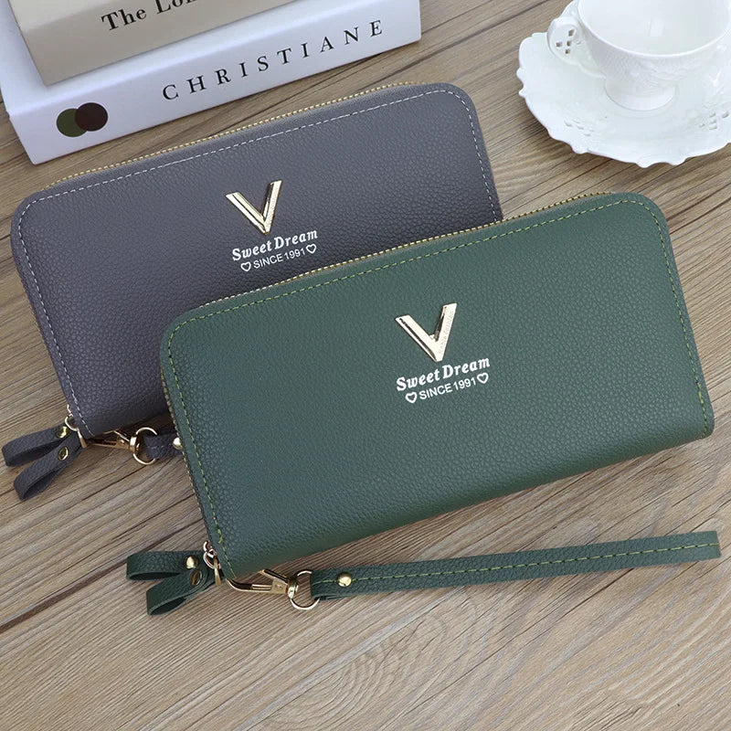 Cartera larga con doble cremallera para mujer, tarjetero de gran capacidad de cuero PU, bolso de mano con bolsillo para teléfono