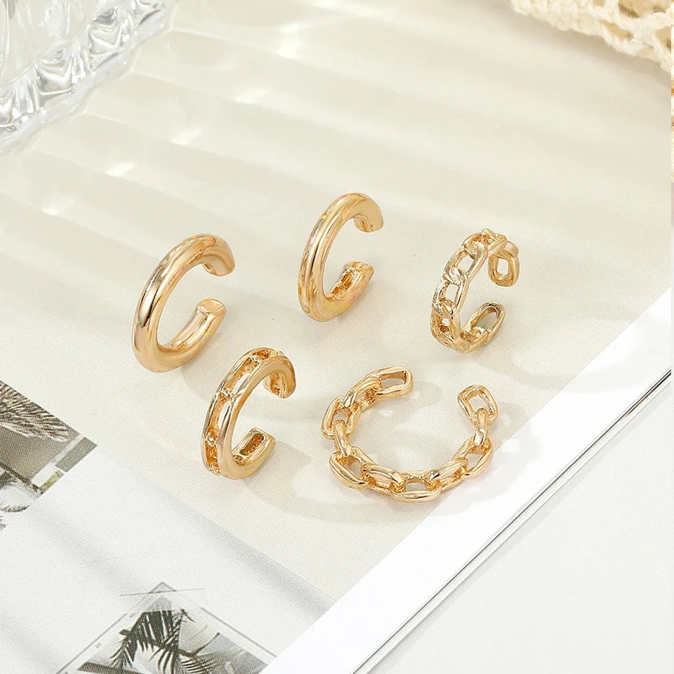 Pendientes elegantes de hojas de Color dorado para mujer, Clips para las orejas negros sin perforación, pendientes de cartílago falso, joyería diaria