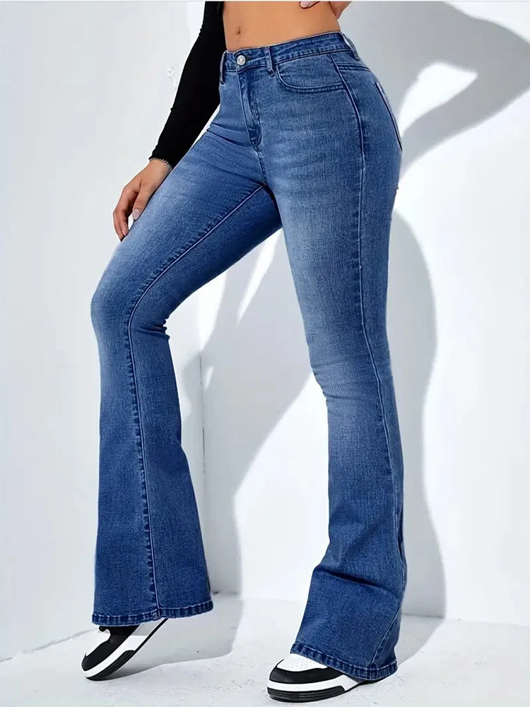 Pantalones vaqueros elásticos acampanados con bigote para mujer, pantalones vaqueros grises de cintura alta con parte inferior acampanada, pantalones largos Punk clásicos Y2K para mujer