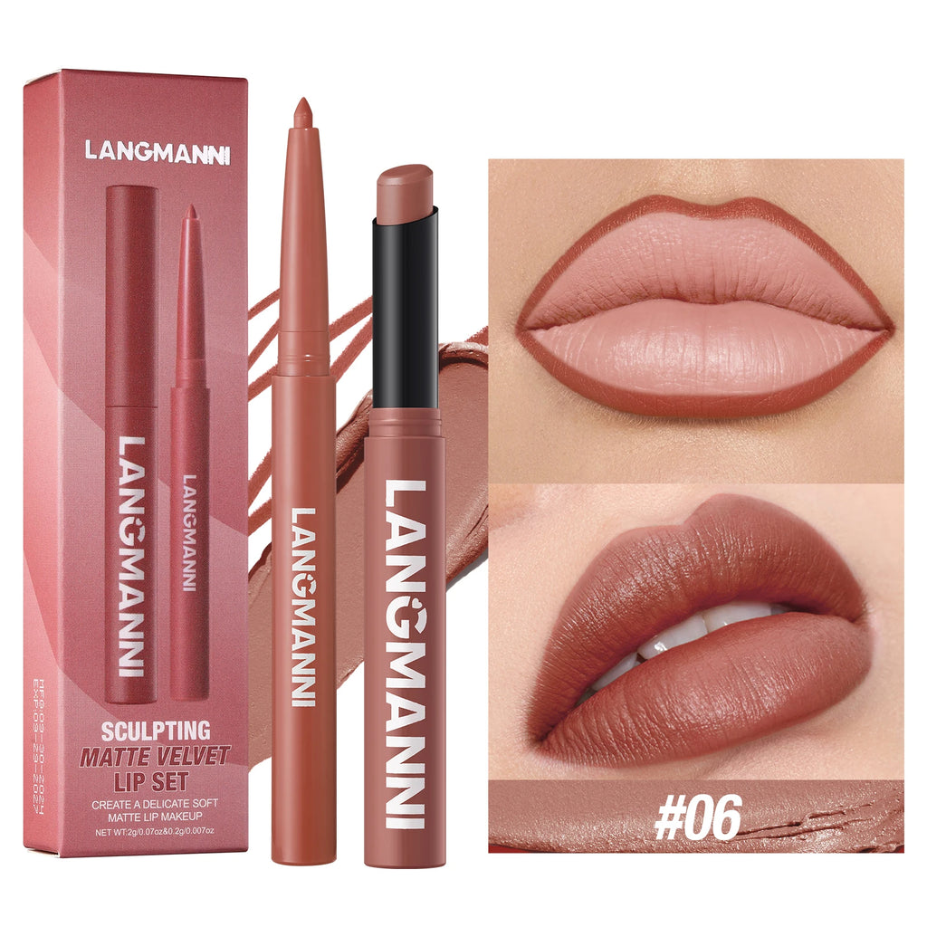 Delineador de labios impermeable integrado + juego de lápiz labial, sin manchas, sin desvanecimiento, sin taza, duradero, fácil de crear un maquillaje perfecto.