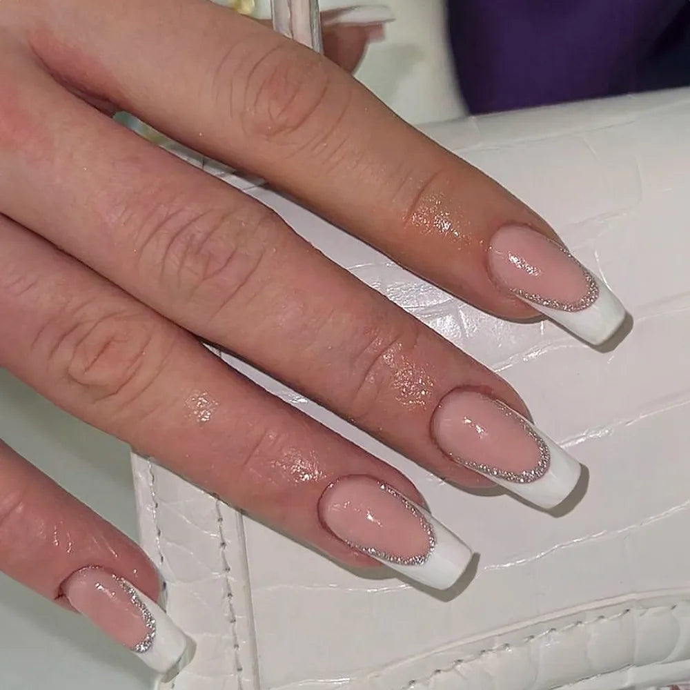 24 Uñas Postizas Degradadas Francesas Estilo Bailarina, Resistentes al Agua, Forma Ataúd Mediano, Uñas Falsas, Puntas de Uñas a Presión