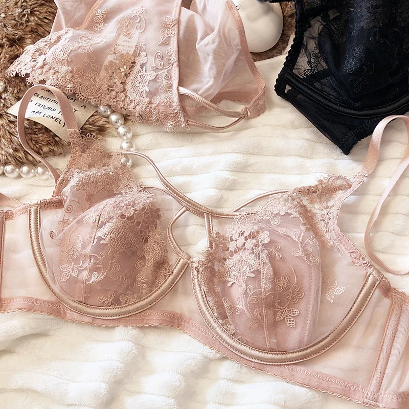 Ropa interior Sexy hueca para mujer, Conjunto de sujetador de realce con copa ultrafina francesa, bordado Floral de encaje, bragas con correa ajustable