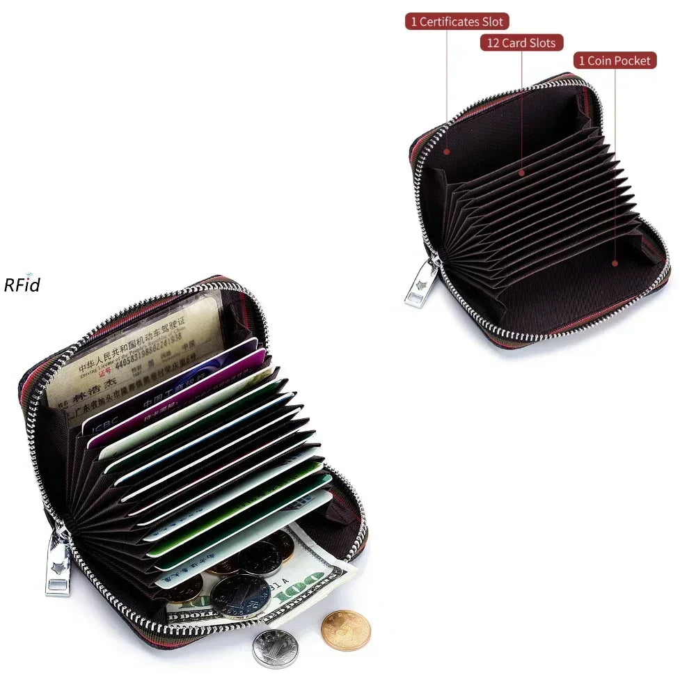 Tarjetero de cuero genuino para hombre y mujer, cartera pequeña con cremallera, monedero sólido, diseño de acordeón, identificación Rfid, bolsas para tarjetas de crédito comerciales