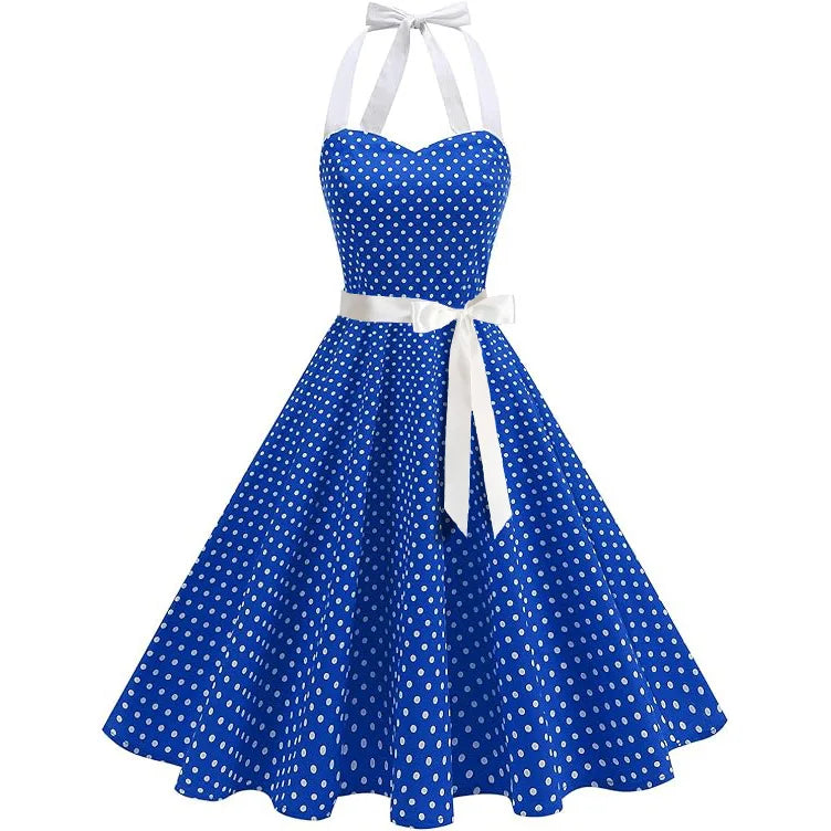 Elegante Vestido de Mujer con Estampado de Puntos, Estilo Hepburn de los Años 50 y 60, Vestido Vintage Sexy con Cuello Halter, Estilo Rockabilly Retro para Fiesta u Oficina, Vestido Pinup 2026