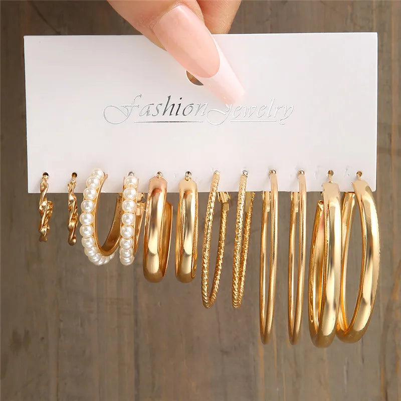 Conjunto de pendientes de aro bohemios de círculo grande para mujer, pendiente de perla Vintage bohemio de Color dorado, pendientes de circonita con forma de corazón, regalos de joyería
