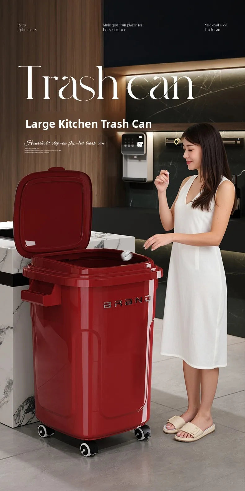 Contenedor de Basura de Cocina de Gran Capacidad con Ruedas y Tapa para Uso Doméstico y Comercial, Fácil de Mover, No Es Necesario Agacharse