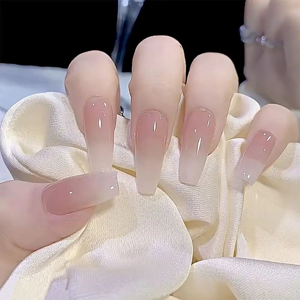 24 Uñas Postizas Degradadas Francesas Estilo Bailarina, Resistentes al Agua, Forma Ataúd Mediano, Uñas Falsas, Puntas de Uñas a Presión