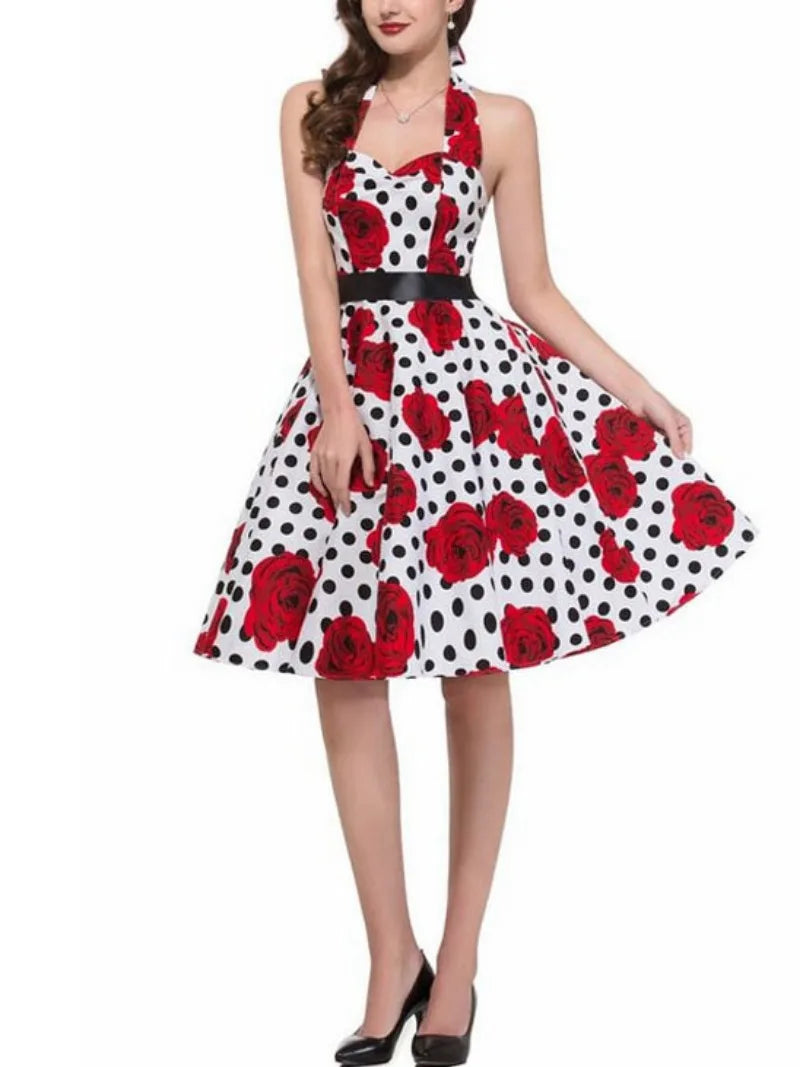 Elegante Vestido de Mujer con Estampado de Puntos, Estilo Hepburn de los Años 50 y 60, Vestido Vintage Sexy con Cuello Halter, Estilo Rockabilly Retro para Fiesta u Oficina, Vestido Pinup 2026