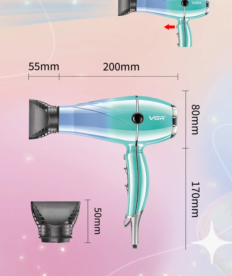 VGRV-452 secador de pelo profesional para el cuidado del cabello 2000-2400W súper fuerte energía eólica dormitorio hogar iones negativos cuidado del cabello estilo viento