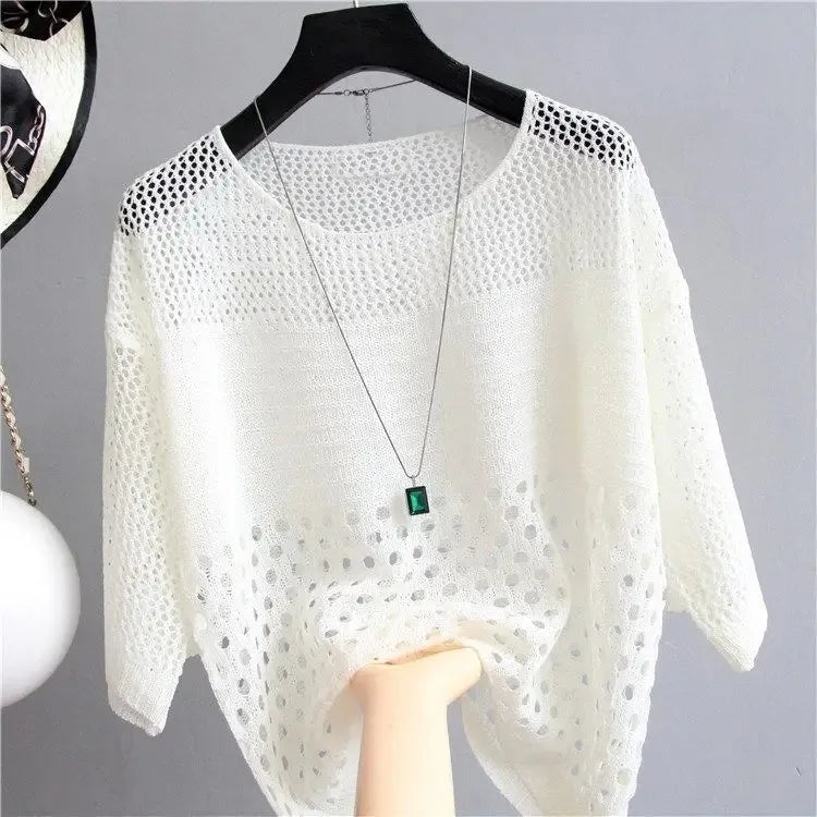 Primavera y novedad de verano, chaleco tejido de seda de hielo, Top calado, parte inferior fina, ropa de calle, camisa para mujer