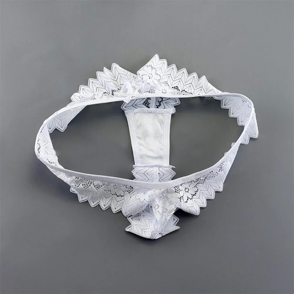 Paquete de 3 tangas de encaje para mujer, ropa interior transparente de cintura media, bragas femeninas con volantes, tallas grandes