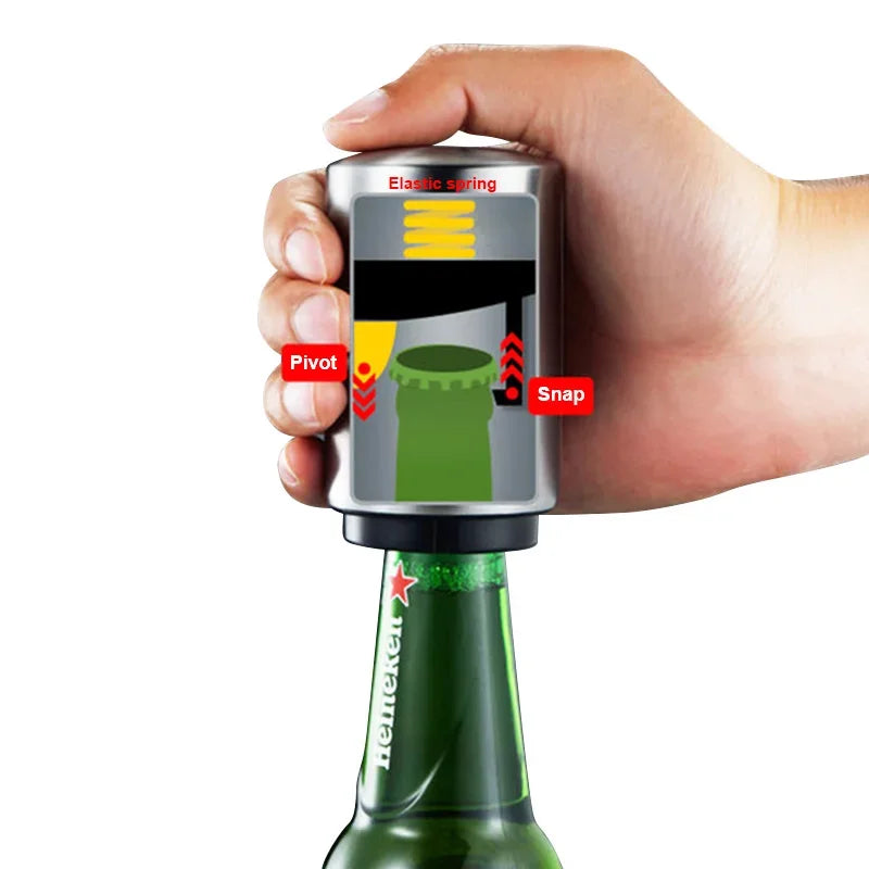 Abridor automático de botellas de cerveza de acero inoxidable, tapa de empuje sin curvatura, fácil de abrir para botellas de vidrio de cerveza y refresco, abridor de cocina