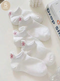 5 pares de calcetines cortos de dibujos animados para mujer, calcetines bonitos y versátiles a la moda con patrón de flores, calcetines transpirables suaves e informales que absorben el sudor