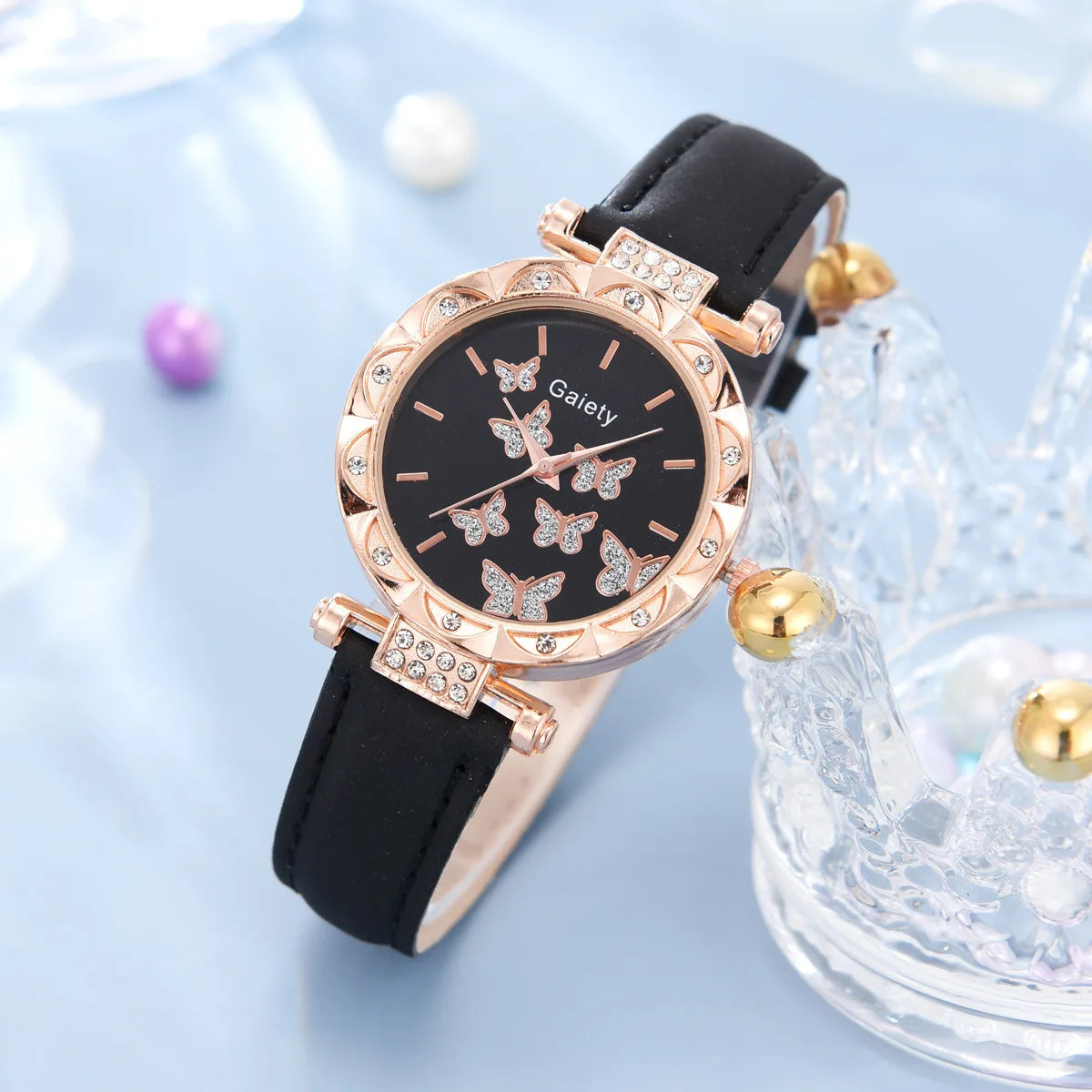 Conjunto de joyería de mariposa (sin caja), relojes para mujer, relojes de cuero para mujer, anillos, collar, pendientes, pulsera, regalo de boda