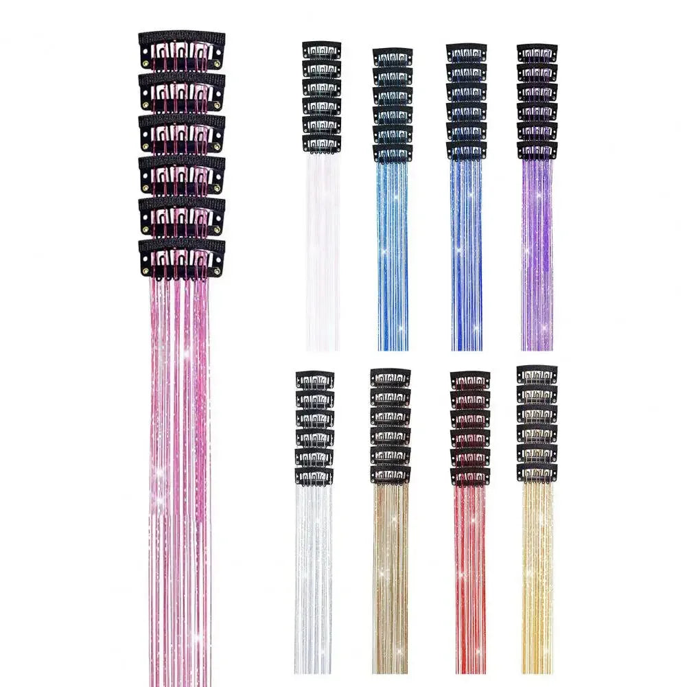 6 uds 50cm chispeantes pelo brillante oropel extensiones de cabello oropel extensiones de Clip de pelo sintético mujeres para tocado trenzado