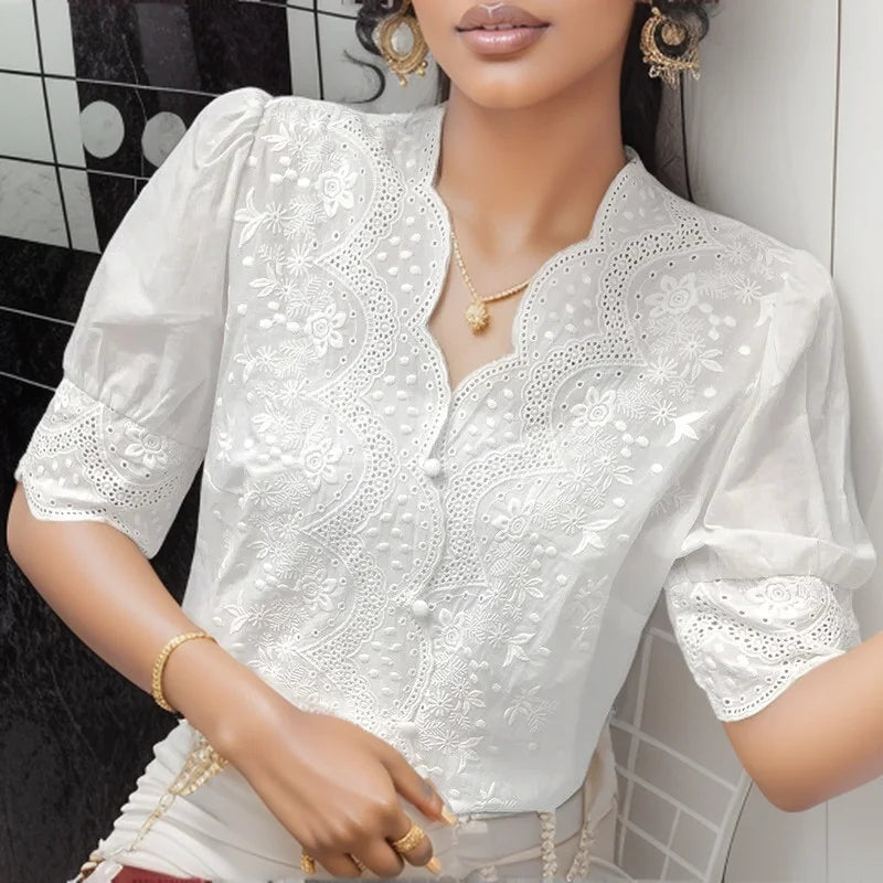 Blusa de Lino y Algodón con Mangas Abullonadas Bordadas para Mujer, Verano 2026, Estilo Casual, Color Blanco, con Aberturas, Camisa de Manga Corta
