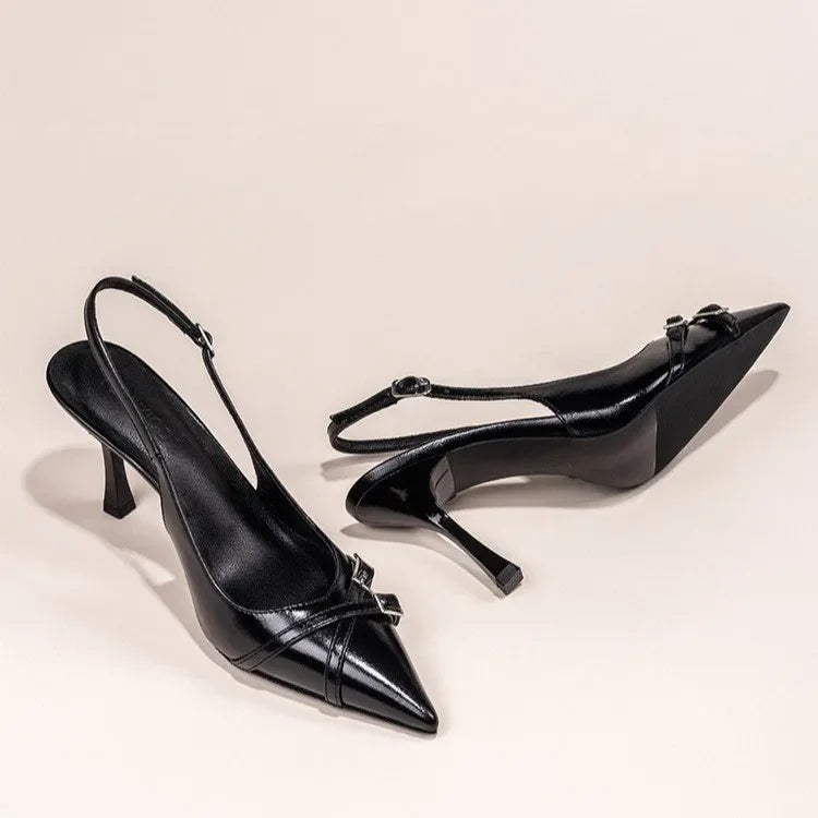 Nuevos zapatos de tacón alto con punta estrecha a la moda, zapatos de tacón alto con hebilla elegante decorada, zapatos de mujer negros de aguja NO: 602