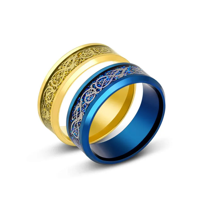 Anillos con diseño de dragón dominante de acero inoxidable de 8mm para hombres y mujeres, anillo Punk con incrustaciones de fibra de carbono azul, bagues pour femme