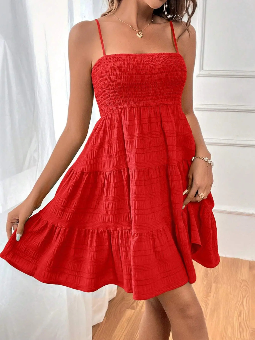 Minivestido con corpiño ahumado y tirantes finos para mujer, vestido azul con volantes escalonados, ropa informal de verano para vacaciones y playa