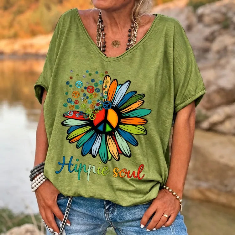 Camiseta Ilstile Hippie Soul Peace Daisy para mujer, estilo retro bohemio con estampado floral, cuello en V, manga corta, corte holgado, informal, para verano.